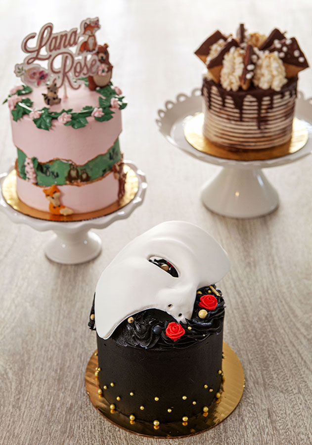 Phantom of the Opera custom cake, s'mores cake, and pink forest animals girls birthday cake. Minnesota Editorial food photographers Chicago