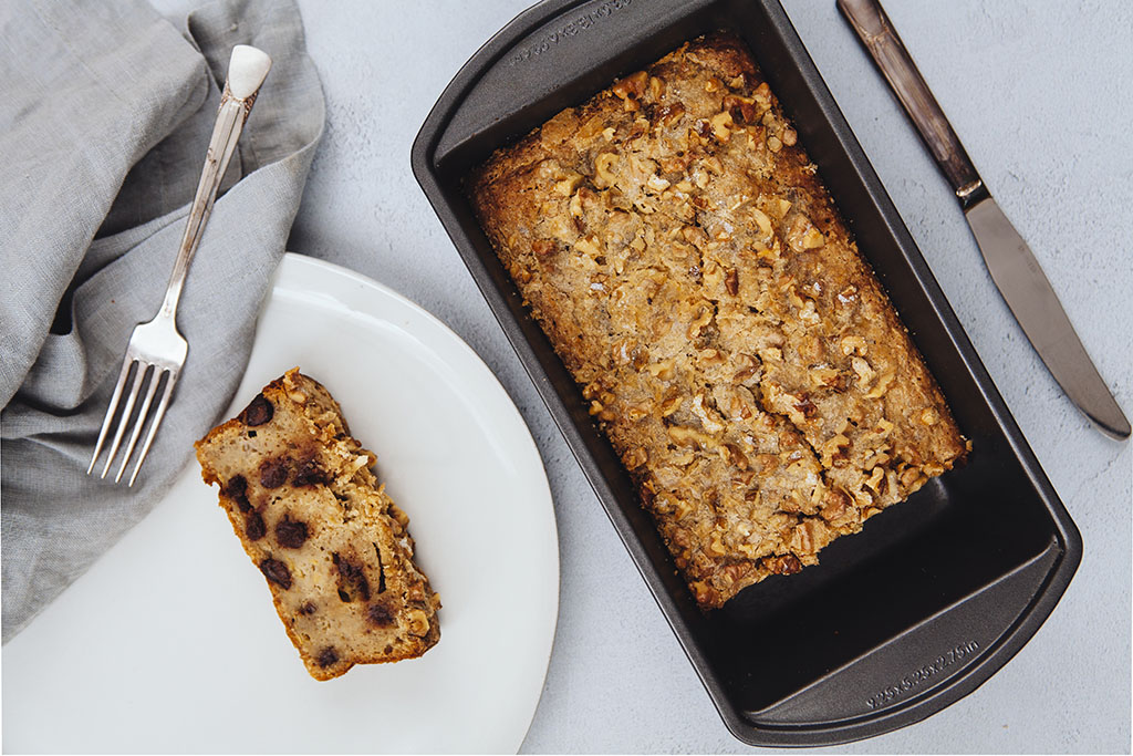 Chocolate chip walnut banana bread, pan, loaf, lifestyle, Minneapolis, Chicago food photographer, Minnesota commercial photography, product, St Paul photographer, Twin Cities, editorial photographers, Illinois