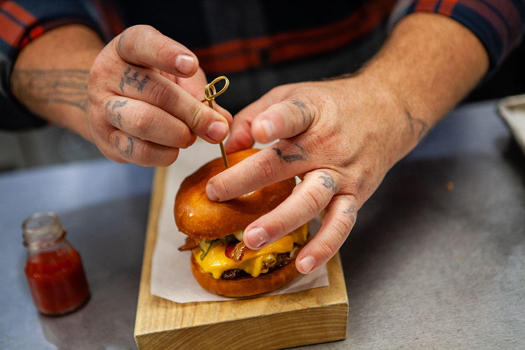 Cheeseburger Food Prep Chef Tattoos, food photographer, Minnesota, Commercial photography