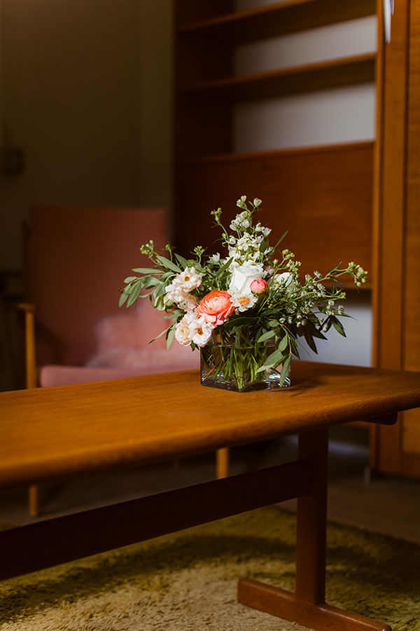 Lifestyle editorial interior design photography Saint Paul Minnesota Twin Cities Midwest Minneapolis, MN, floral, flowers, bouquet, Danish, furniture, vintage, moody, glass vase