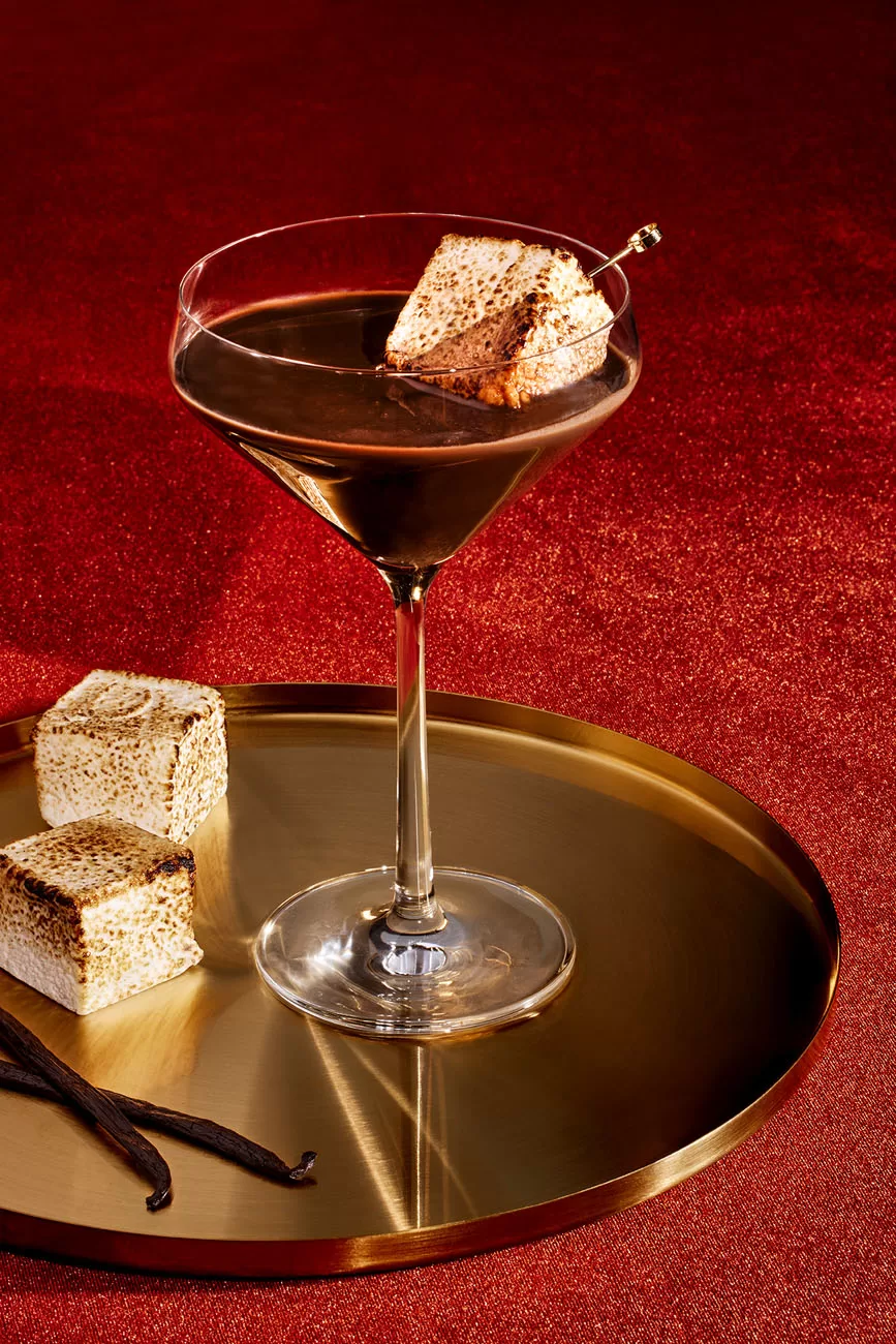 French hot chocolate martini with toasted marshmallow and vanilla beans.