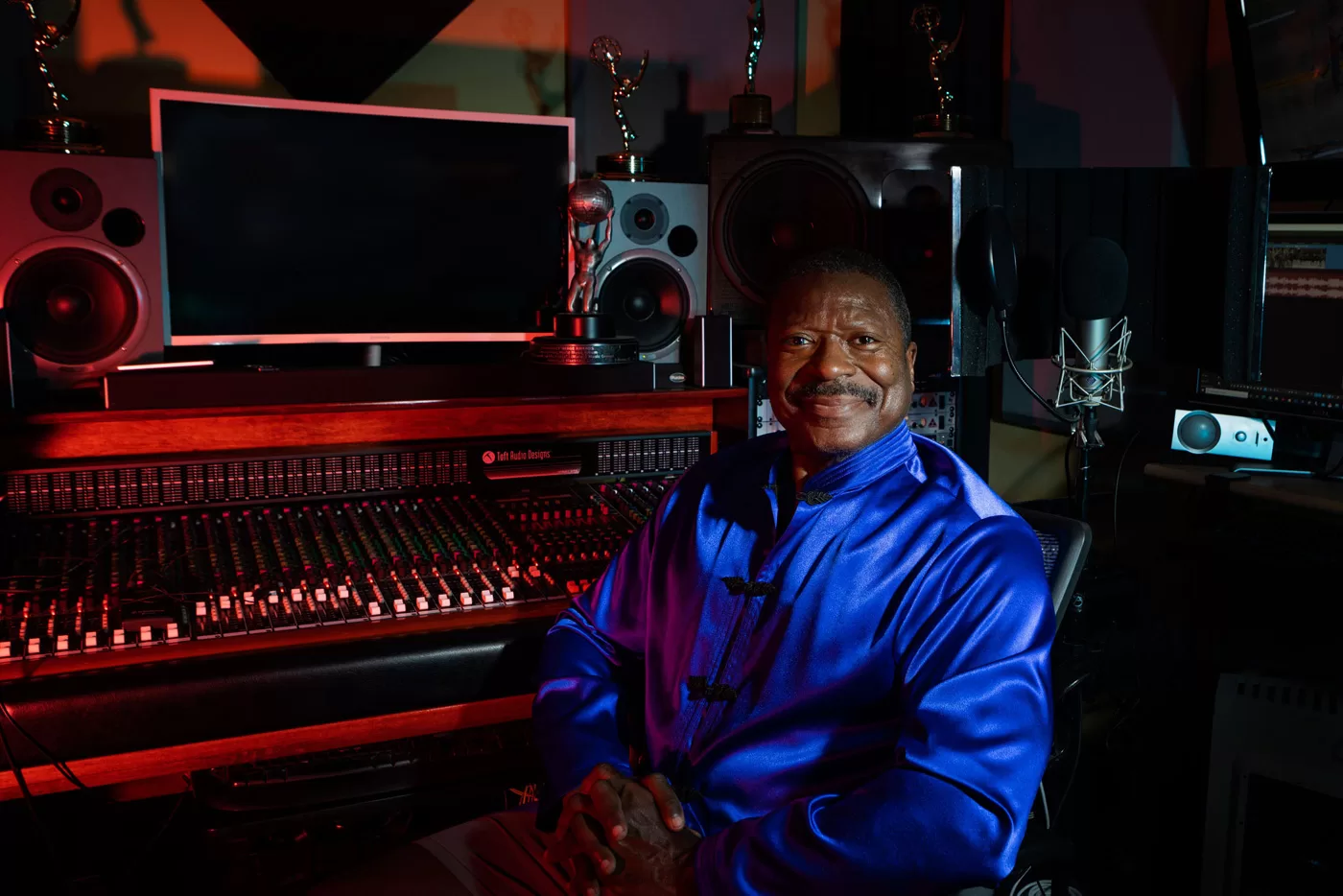 Sounds of Blackness producer Gary Hines poses for an editorial portrait in a recording studio.
